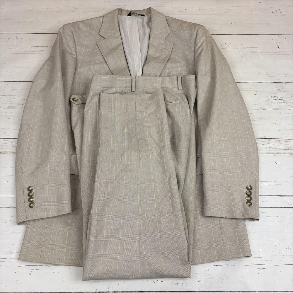 Jos A Bank Suit Mens 42L 36x32 Beige Plaid Cotton Wool Blend 2 Pc Spring